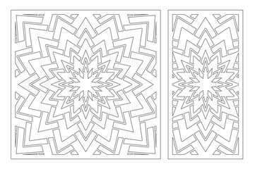 Set decorative card for cutting. Geometry, line, flower pattern. Laser cut panel. Ratio 1:1, 1:2. Vector illustration.