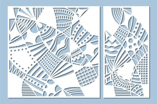 Set decorative card for cutting. Doodle line pattern. Laser cut panel. Ratio 1:1, 1:2. Vector illustration.