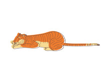 Cute Tiger Sleeping On The Ground. Wild Animal With Orange Coat. Large Predatory Cat. Hand Drawn Vector Design