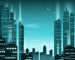 Wall Mural - Cityscape metropolis night lights of a big city, illuminated neon, skyscrapers, downtown, skyline, silhouettes of buildings. Vector, illustration, isolated, background, template, banner