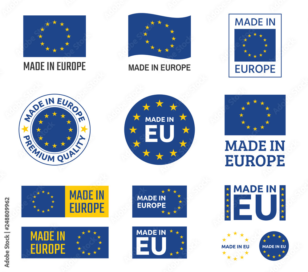 made in Europe labels set, European Union product emblem - obrazy, fototapety, plakaty 
