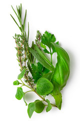 Wall Mural - Bundle of freshly picked provence herbs isolated on white from above.