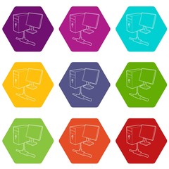 Poster - Computer monitor and cpu unit icons 9 set coloful isolated on white for web