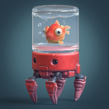 3d Cartoon Character Of A Red Crab Robot With Aquarium On His Head. Сartoon Goldfish Swims In A Glass Jar. Illustration Of A Stylized Crab With Big Claws And Cute Eyes. 3d Rendering On Blue Background