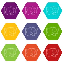 Poster - Bug on the monitor of personal computer icons 9 set coloful isolated on white for web