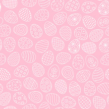 Easter Seamless Pattern With Flat Line Icons Of Painted Eggs. Egg Hunt Vector Illustrations, Christianity Traditional Celebration Wallpaper. Pink, White Color