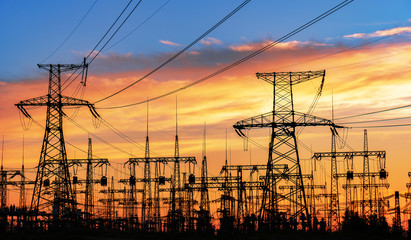 Wall Mural - high-voltage power lines. electricity distribution station. high voltage electric transmission tower