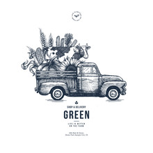 Farm Fresh Delivery Design Template. Classic Vintage Pickup Truck With Organic Vegetables And A Cow. Vector Illustration