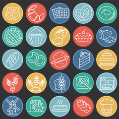 Poster - Bakery outline icons set on color circles black background for graphic and web design, Modern simple vector sign. Internet concept. Trendy symbol for website design web button or mobile app