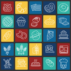 Poster - Bakery outline icons set on color squares background for graphic and web design, Modern simple vector sign. Internet concept. Trendy symbol for website design web button or mobile app