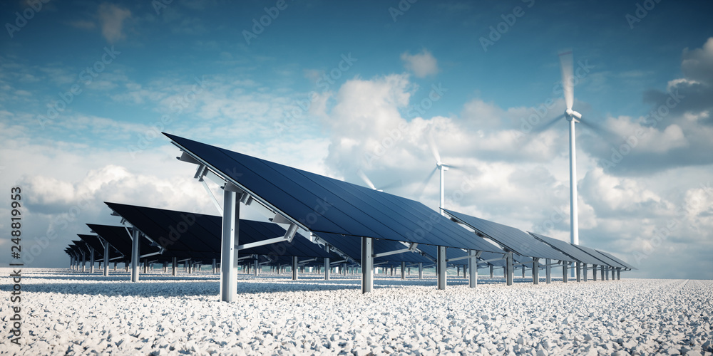 Modern and futuristic aesthetic black solar panels of large photovoltaic power station with wind turbines in background in nice sunny afternoon weather with partial cloudy blue sky. 3d rendering. - obrazy, fototapety, plakaty 