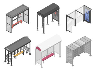 Poster - Bus stop icons set. Isometric set of bus stop vector icons for web design isolated on white background