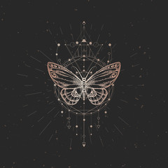 Vector illustration with hand drawn butterfly and Sacred geometric symbol on black vintage background. Abstract mystic sign.