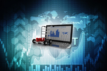 Poster - 3d illustration Sales text on cart and laptop