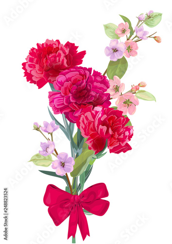 Vertical card for Mother's Day with carnation, spring blossom: red, pink, whi...