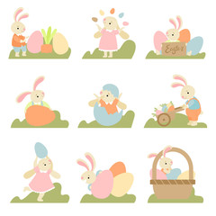 Sticker - Collection of Cute Bunnies with Colorful Eggs, Happy Easter, Design Element for Greeting Card, Invitation, Poster, Banner Vector Illustration