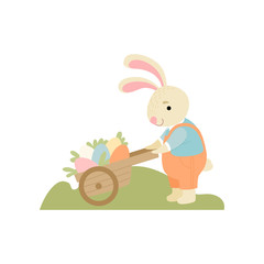 Sticker - Cute Bunny Pushing Wooden Cart Full of Decorated Eggs, Happy Easter, Design Element for Greeting Card, Invitation, Poster, Banner Vector Illustration