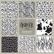 Collection Of Eight Vector Seamless Patterns With Animal Skin Zebra, Leopard, Jaguar, Giraffe Cow.