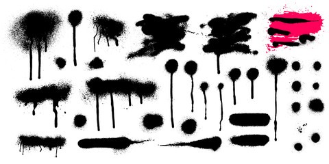 Set of Spray graffiti stencil template. Black splashes. Freehand drawing. Vector illustration. Isolated on white background.