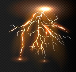 Realistic vector orange lightning on checkered background. Bright, electric lightning.