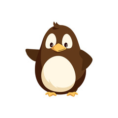 Sticker - Penguin waving right wing and sending greetings. Funny arctic bird, small animal kid, funny creature. Wintertime cartoon character isolated vector