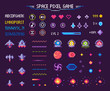 © robu_s - Space pixel game isolated vector icons font and cosmic characters. Arrows and hearts spaceship and aliens stars and planets, score points and meteorite. Arcade games elements. Video platform interface