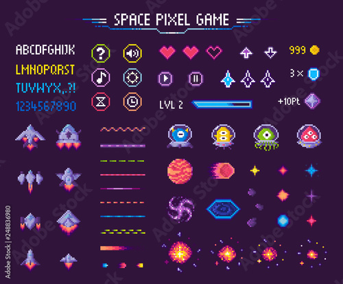 Space pixel game isolated vector icons font and cosmic characters Poster Mural XXL