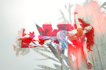 double exposure woman practising yoga and toned oleander flowering branch on white background,trendy healthy lifestyle design