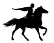 prince with crown and cloak riding a running horse - black vector silhouette of fairytale character