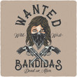 T-shirt or poster label design with illustration of a bandit girl with bandana and revolvers. Design with lettering composition.