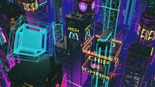 Skyscrapers of futuristic city, zooming in. Pink synthwave style, neon lights. Synthwave 3D city, beautiful pink and purple background