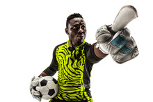 One African Male Soccer Player Goalkeeper Pointing Away And Screaming Isolated On White Background. Appeal To The Referee, Order To Defenders And Human Emotions Concept