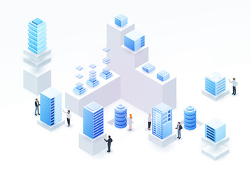 Wall Mural - 3d isometric concept big data center with server or hosting and peoples. Abstract design composition for website, banner, landing page. High technology vector illustration.