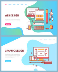 Fototapete - Graphic and web design technologies set of websites vector. Computer with info, internet pages development of interface, pen and tools work supplies. Webpage template, landing page in flat style