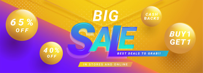 big sale header or banner design with different discount offers on abstract background.