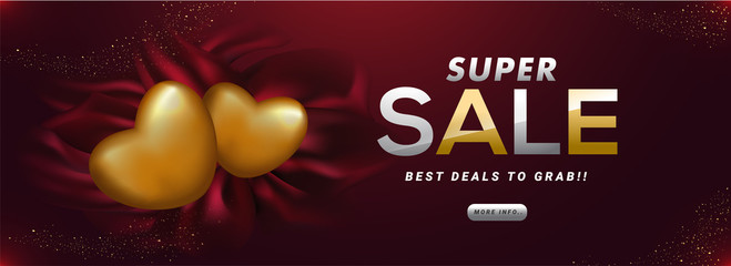 Wall Mural - realistic golden heart shapes on silk fabric background for super sale poster or banner design.