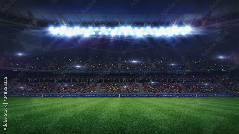 grand football stadium middle view illuminated by spotlights and empty green grass - obrazy, fototapety, plakaty 