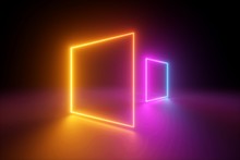 3d Rendering, Yellow Pink Squares, Neon Light, Blank Frames, Abstract Ultraviolet Background, Glowing Lines, Portal, Vibrant Colors, Empty Virtual Windows, Night Club Interior, Fashion Podium