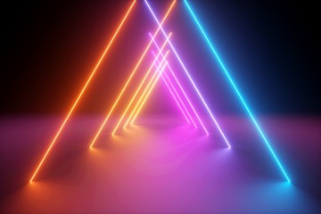 Wall Mural - 3d render, yellow pink blue neon light, abstract ultraviolet background, triangle shape, dynamic glowing lines, psychedelic vibrant colors, show stage, tunnel, corridor, night club interior