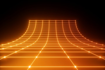 3d render, orange neon light, abstract ultraviolet background, laser grid, virtual network, glowing 