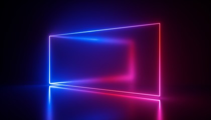 Poster - 3d rendering, neon lights, abstract ultraviolet background, laser show, rectangular blank frame, vir