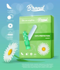 Chamomile Hygienic Tampons with Applicators. Breathing, Soft and Cotton Icons. Comfort and Protection. Menstruation Blood Absorbent. Pack Feminine Hygiene Products. Green Banner Ad. Vector EPS 10.