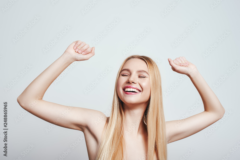 Yes I Did It Happy Young Blonde Woman With Naked Shoulders Smiling 