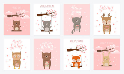 Vector poster collection with cute animals and spring slogan