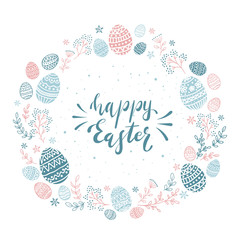 Card with Blue and Pink Easter Eggs on White Background