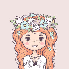 Cute girl in flower wreath. Beautiful girl with long red hair and flowers. Vector illustration