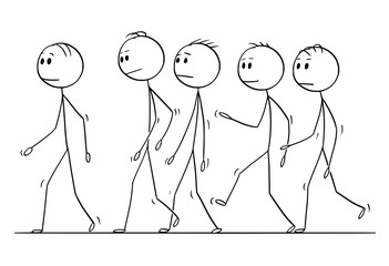 Canvas Print - Cartoon stick figure drawing of group of men or businessmen walking together as team.