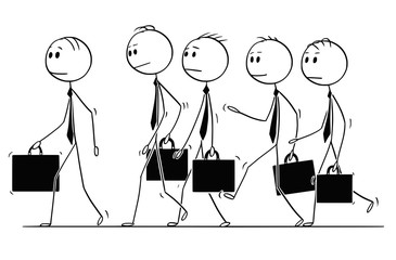 Canvas Print - Cartoon stick figure drawing of group of businessmen in suits and briefcases or notebooks walking together as team.