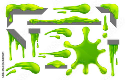 Fotomural Set of slime or mucus liquid green goo blobs, splats, drips and drops design ele