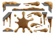 Set of Mud, Chocolate or brown slime blobs, splats, drips and drops design elements